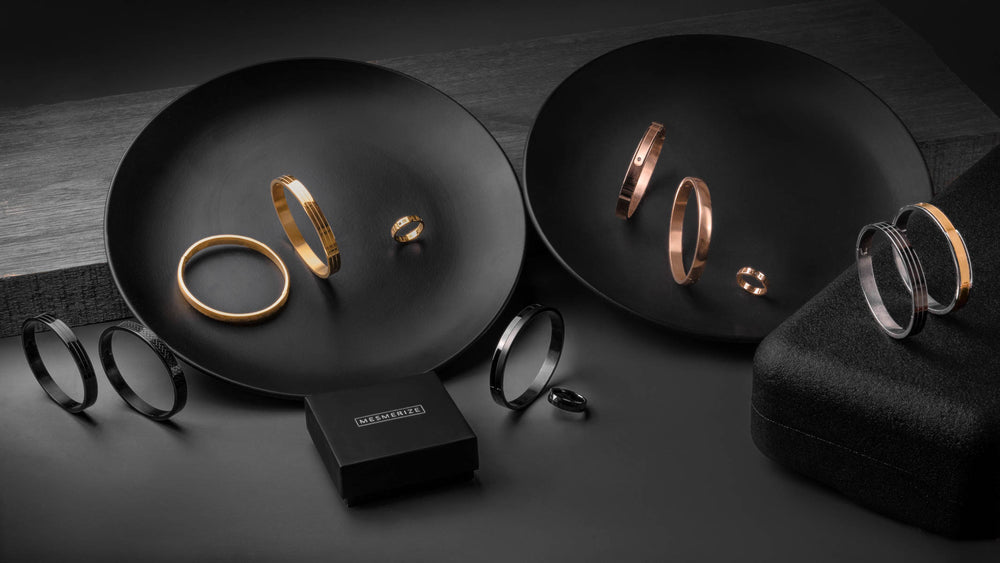 Mens Jewellery in gold, rose gold, silver and black. Bracelets and rings.