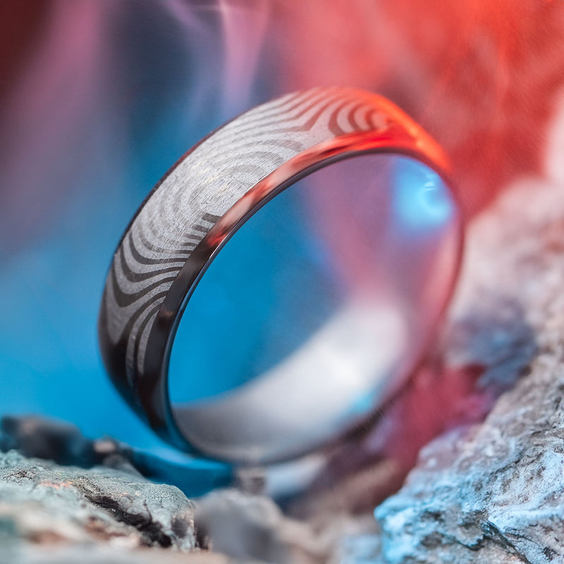 Damascus Beveled Ring - Stainless Steel, Anti-Tarnish, Hypoallergenic ...