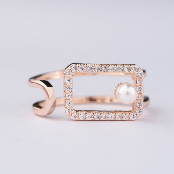 Rose Gold Pearl Diamond Adjustable Ring