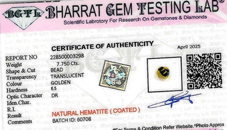 Gold Hematite lab certificate 2
