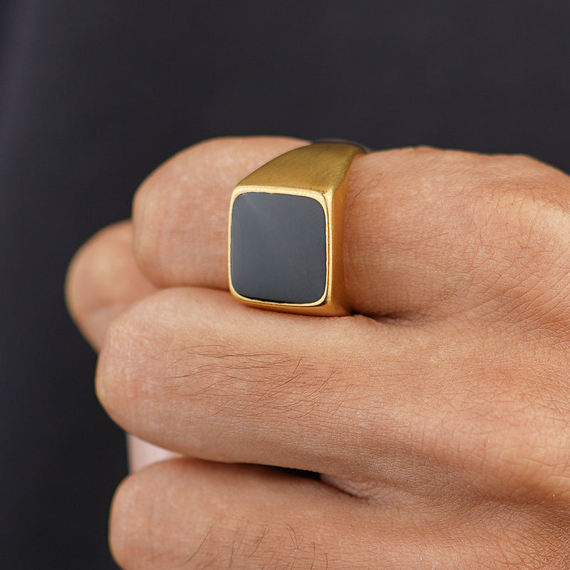Buy Silver and Gold with Black Inlay Signet Ring - Mesmerize India