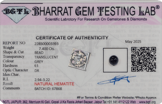 Grey Hematite lab certificate 3
