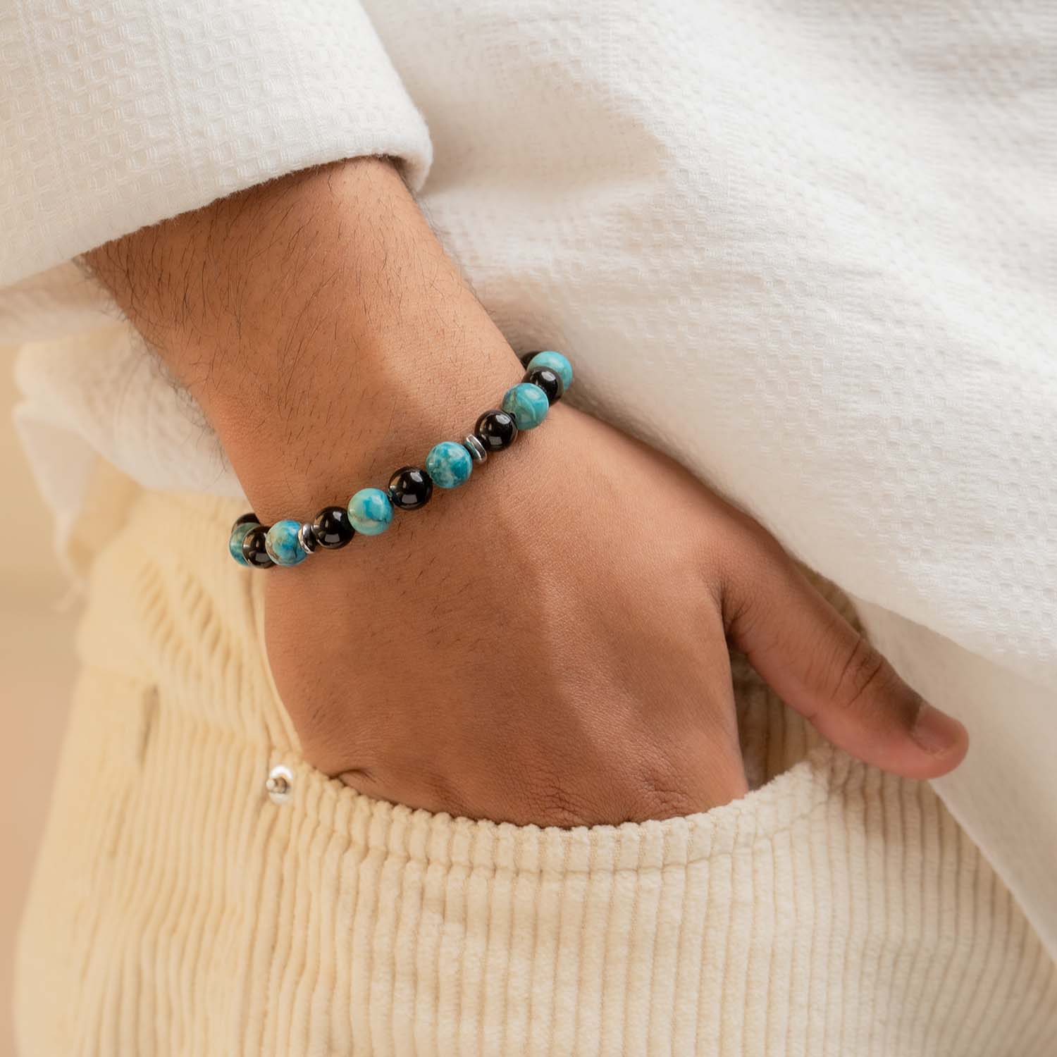 Harmonic African Turquoise & Black Obsidian Natural Stone Elastic Bracelet