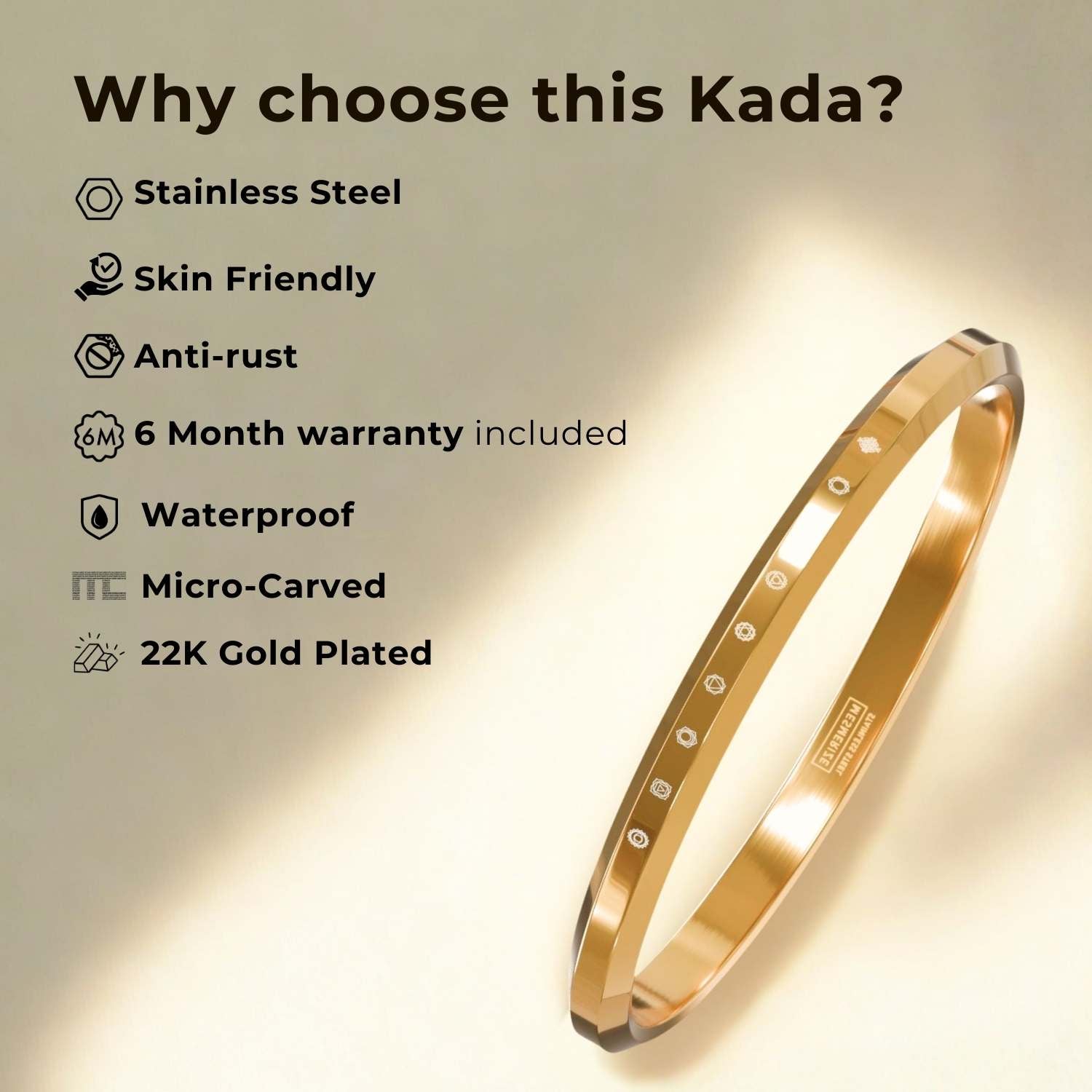 Om Sai Ram MicroCarved Round Flat Kada Gold