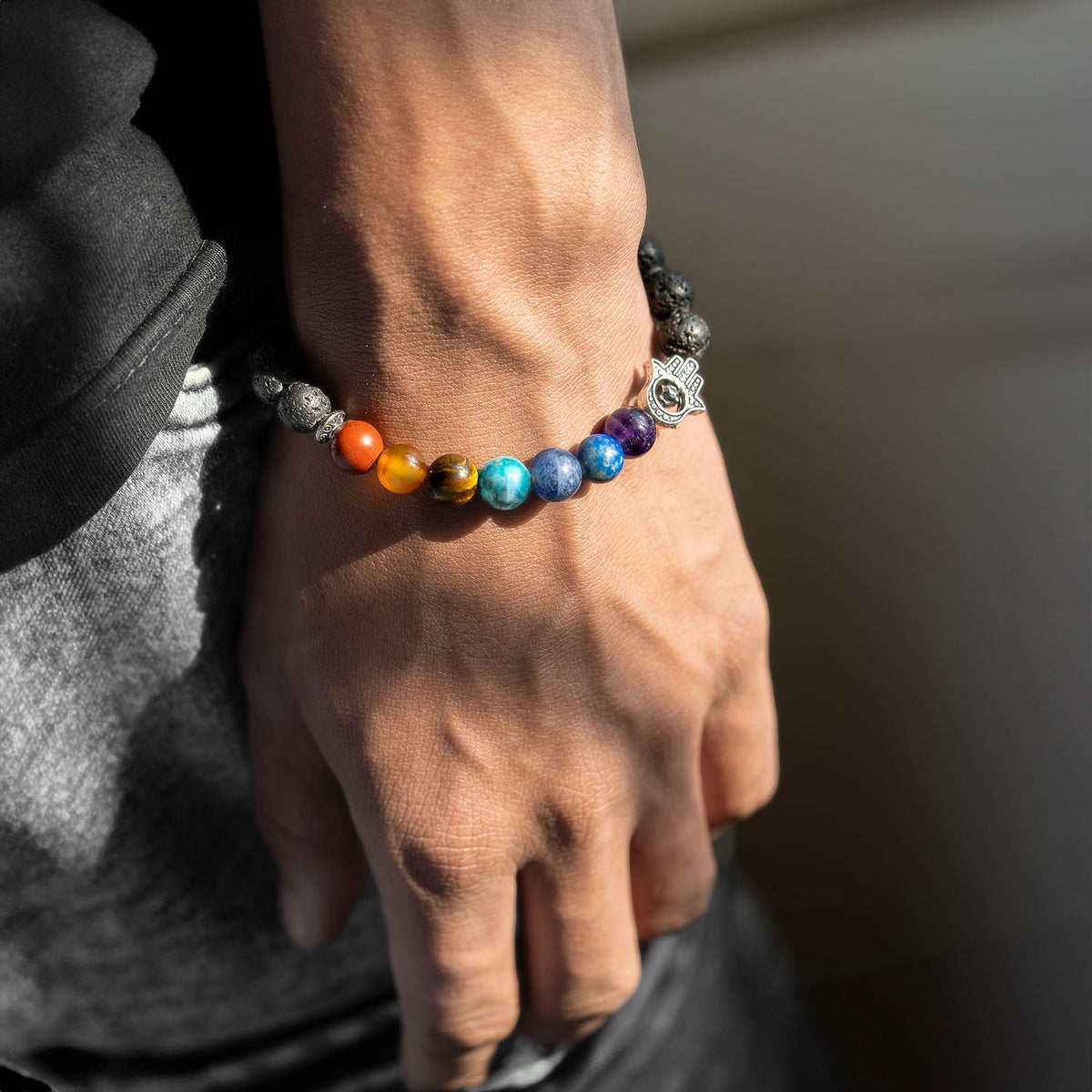 Lava 7 Chakra Natural Stone Hamsa Bracelet 2