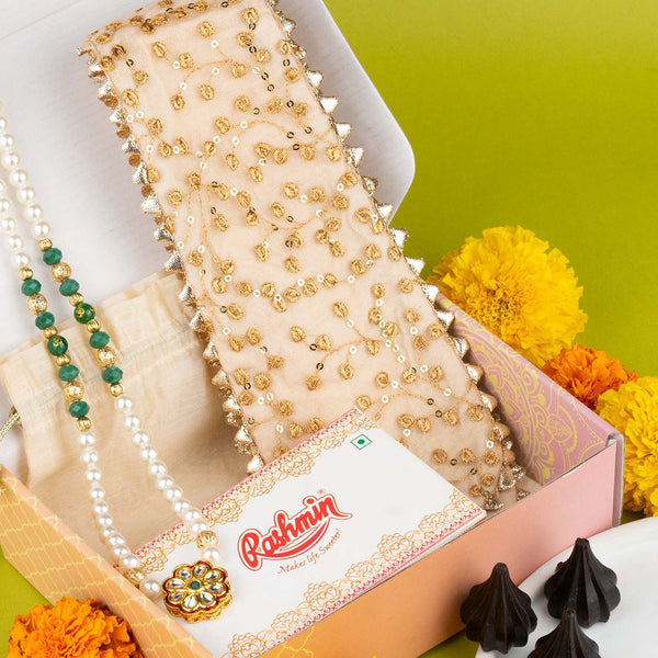 Beige Sequinned Uparna/khes Luxury Hamper For Ganpati Bappa (Prepaid Only)
