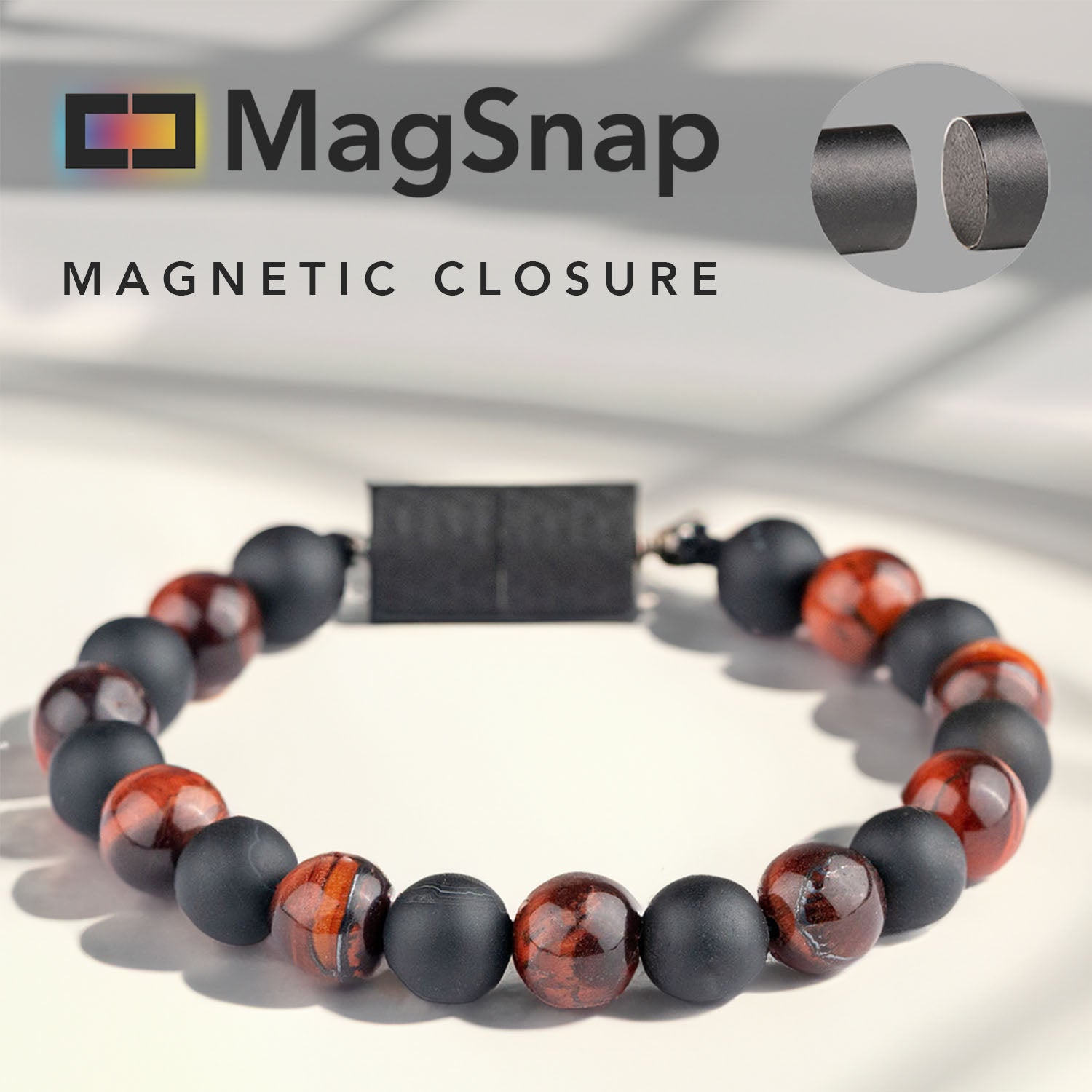 Natural Stone Jewellery Onyx Black and Red Tiger Natural Stone Bracelet with MagSnap