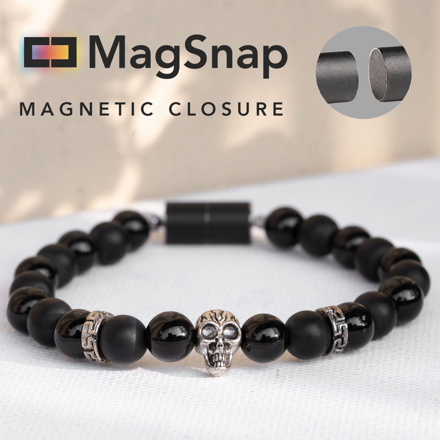 Natural Stone Jewellery Onyx Natural Stone Skull Bracelet with MagSnap