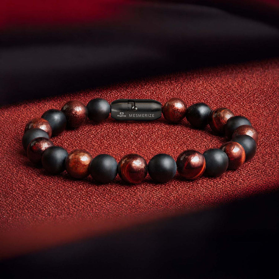 Onyx Black and Red Tiger Natural Stone Bracelet with MagSnap