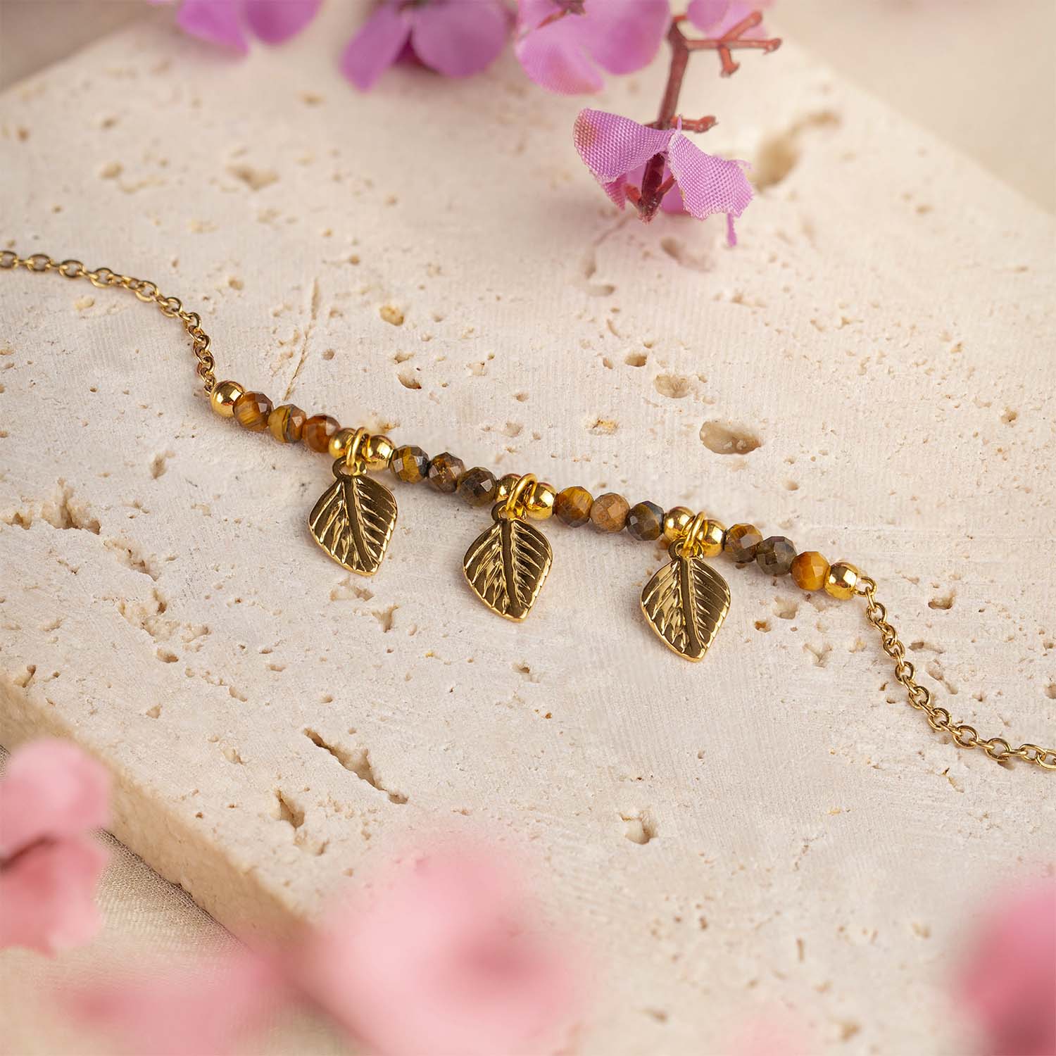 Oriana Minimal Leaf Drop Gold Natural Stone Bracelet Tiger Eye