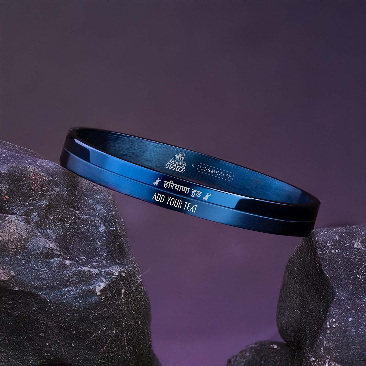 Personalised Haryana Hood Hindi Dual Finish Kada Bracelet Blue