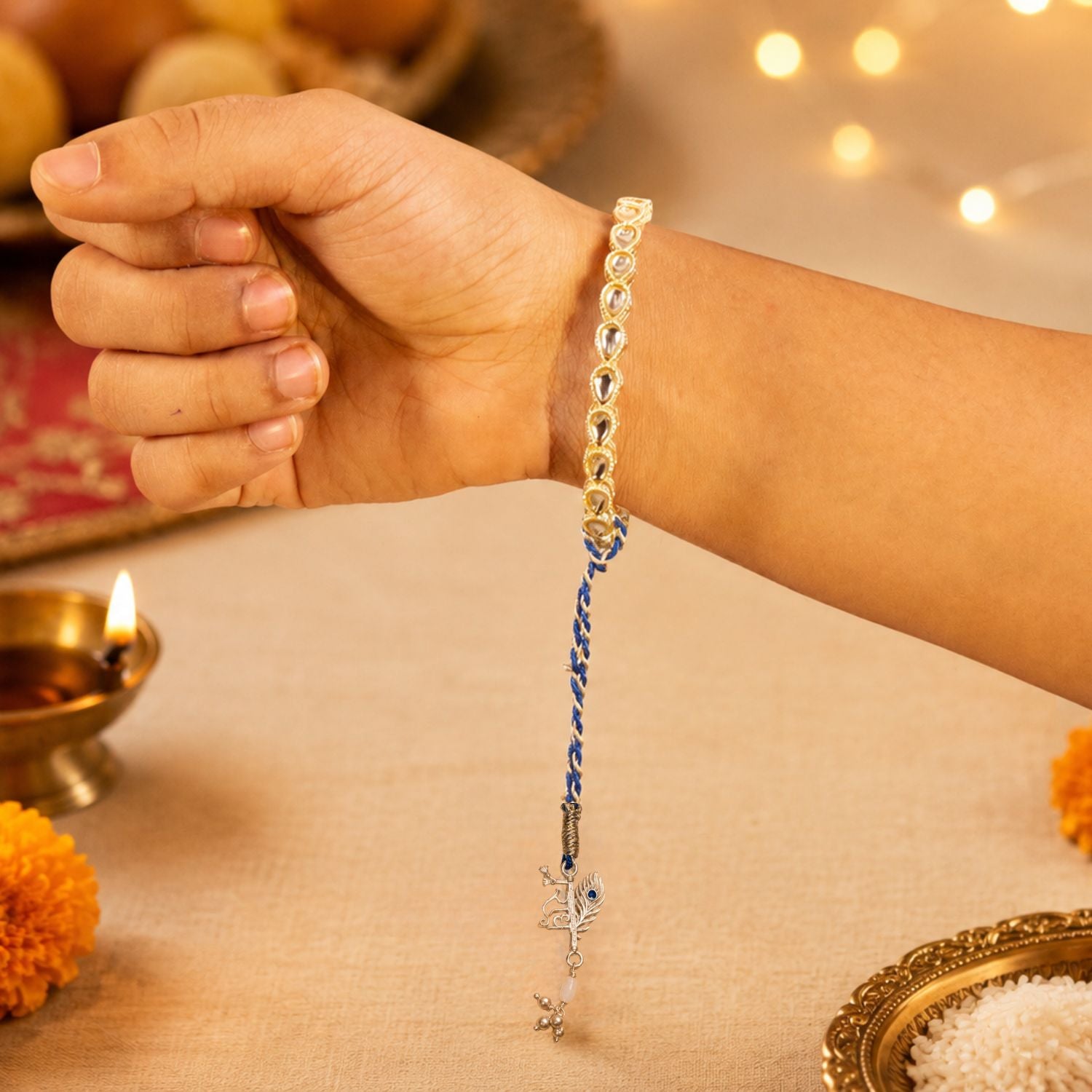 Radha Krishna Silver Plated Lumba Rakhi
