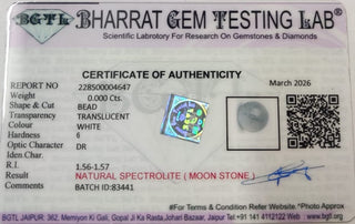 Rainbow Moonstone lab certificate 3