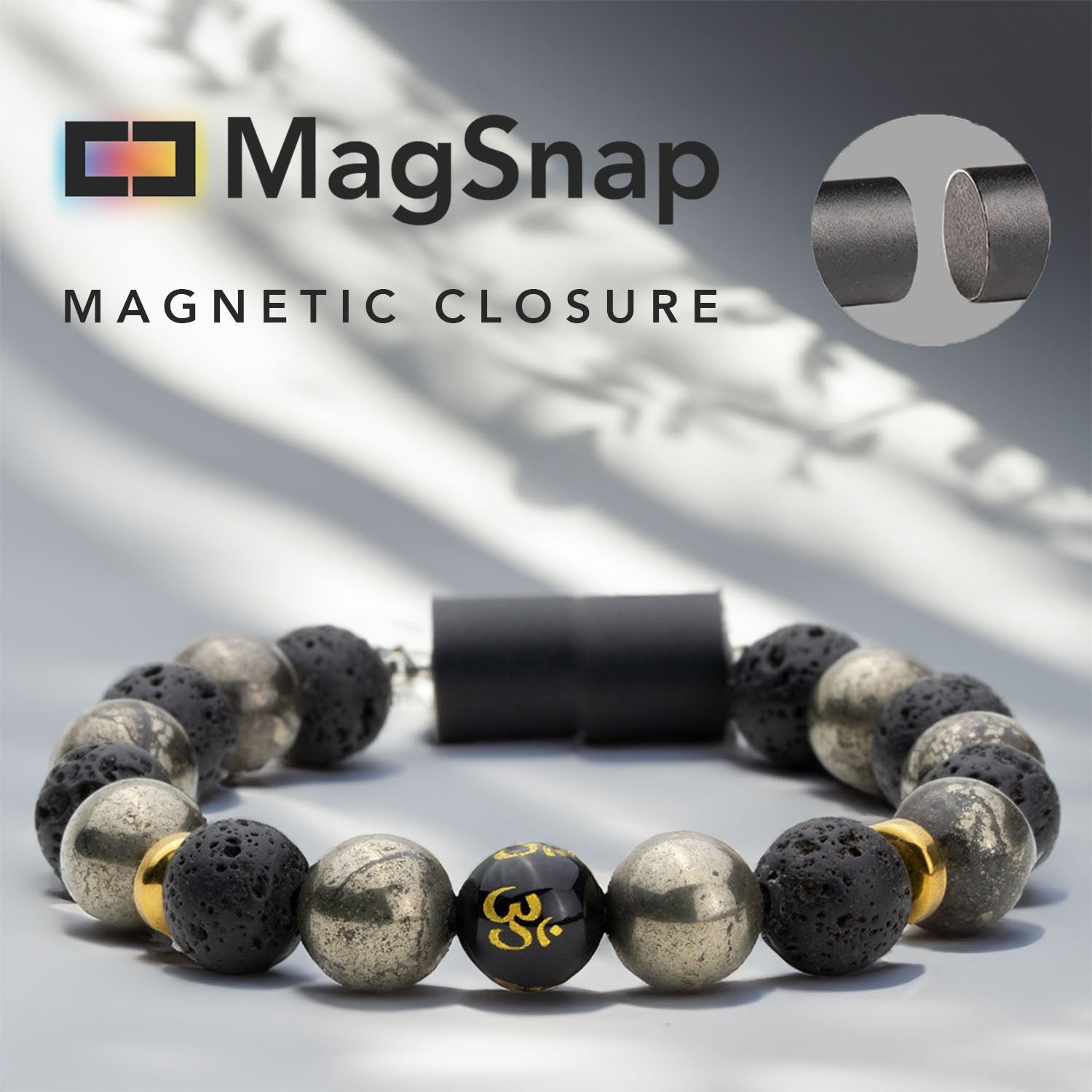 Natural Stone Jewellery Spiritual Pyrite Natural Stone OM Bracelet With Magsnap