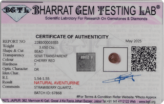 Strawberry Quartz lab certificate 2