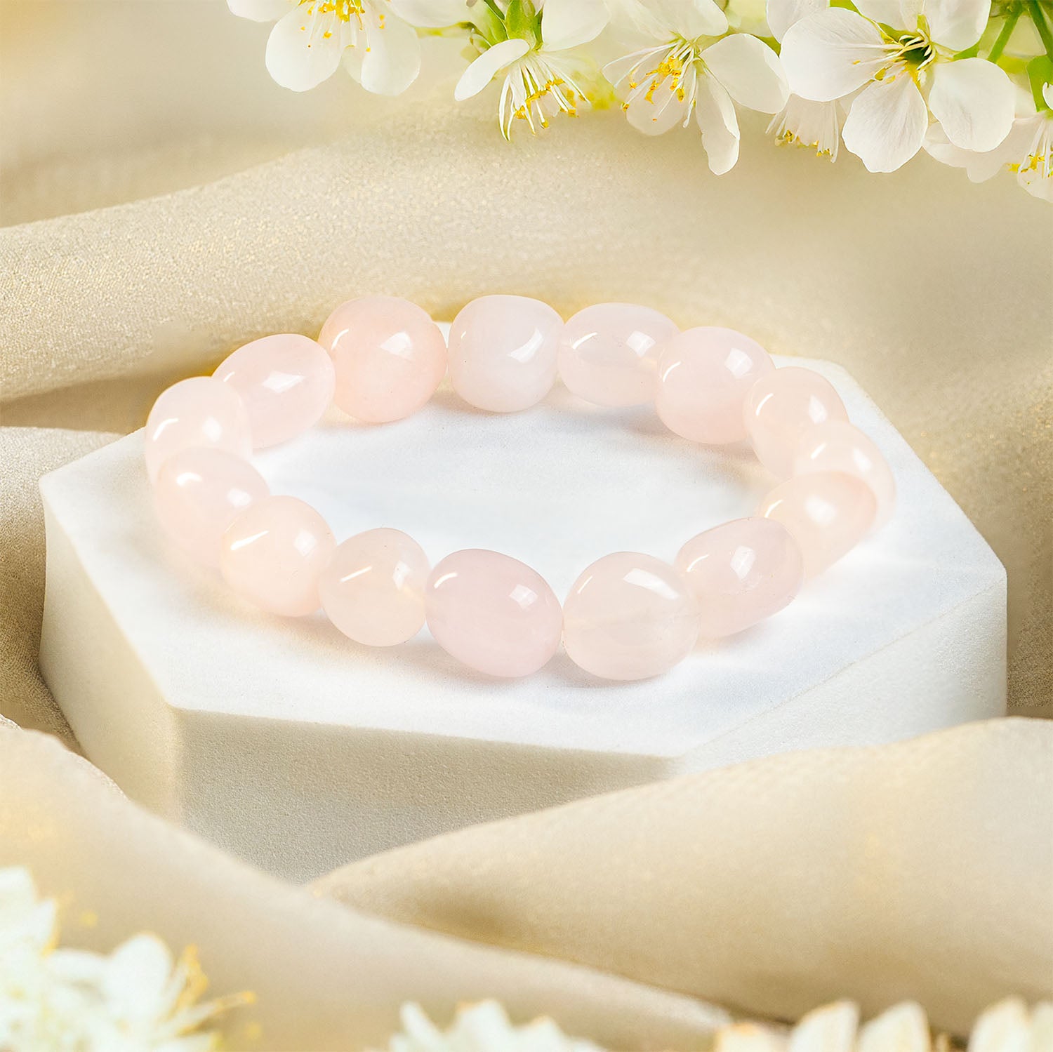 Rose Quartz Tumble Natural Stone Elastic Bracelet