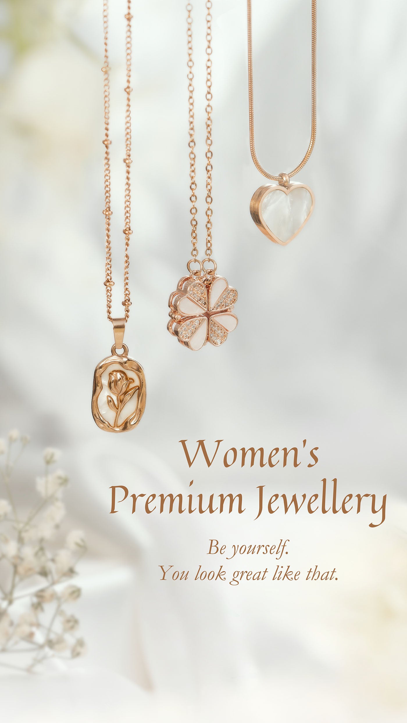 Women Premium Jewellery. Necklaces of stainless in rose gold that are waterproof, anti-tarnish and skin-friendly.