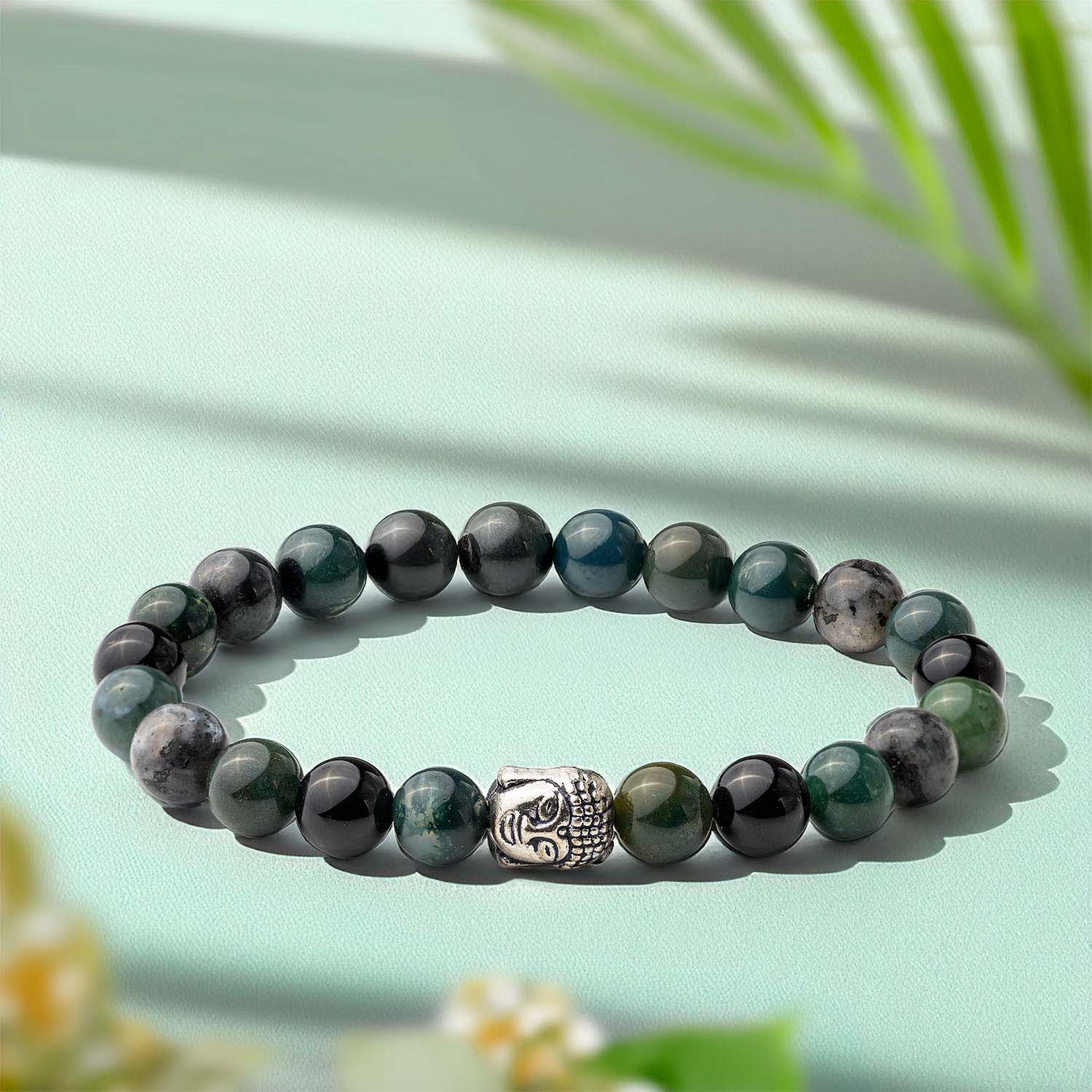 Elastisches Buddha-Armband aus Naturstein mit Moosachat von Zen