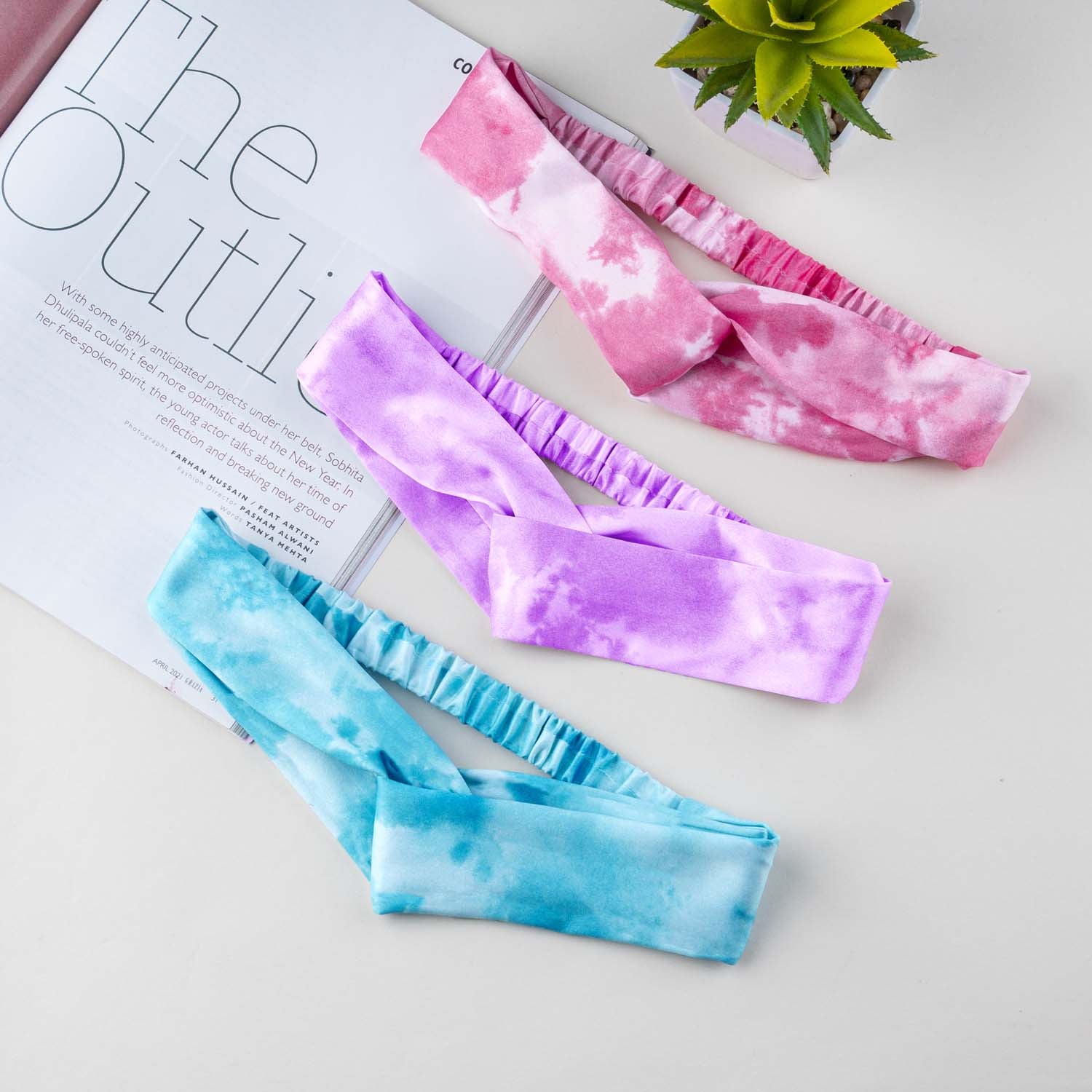 Tie Dye Print Elastic Satin Hairband (Blue, Pink, Purple)