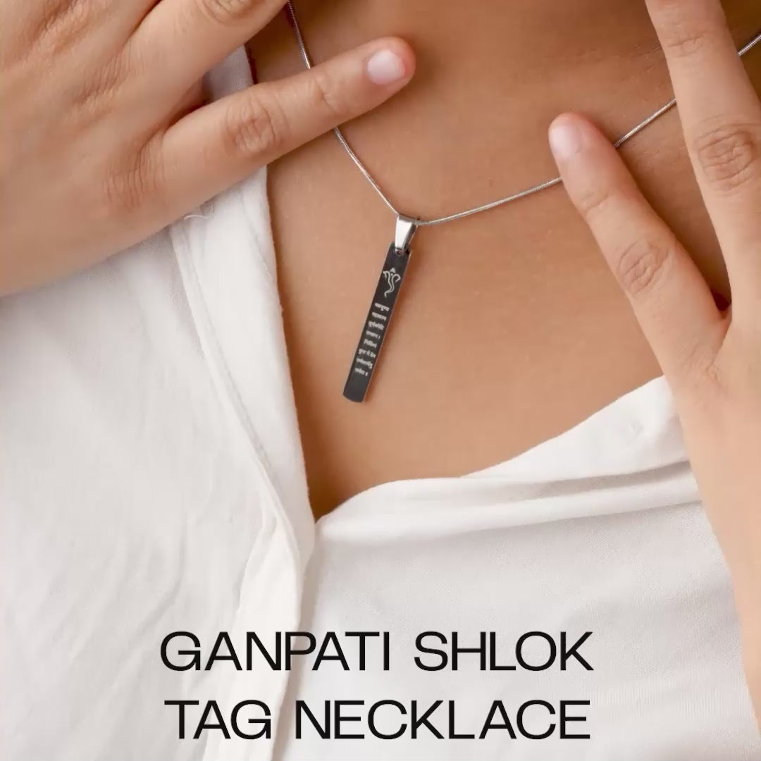 Devotional Ganpati Shloka Silver Tag Necklace