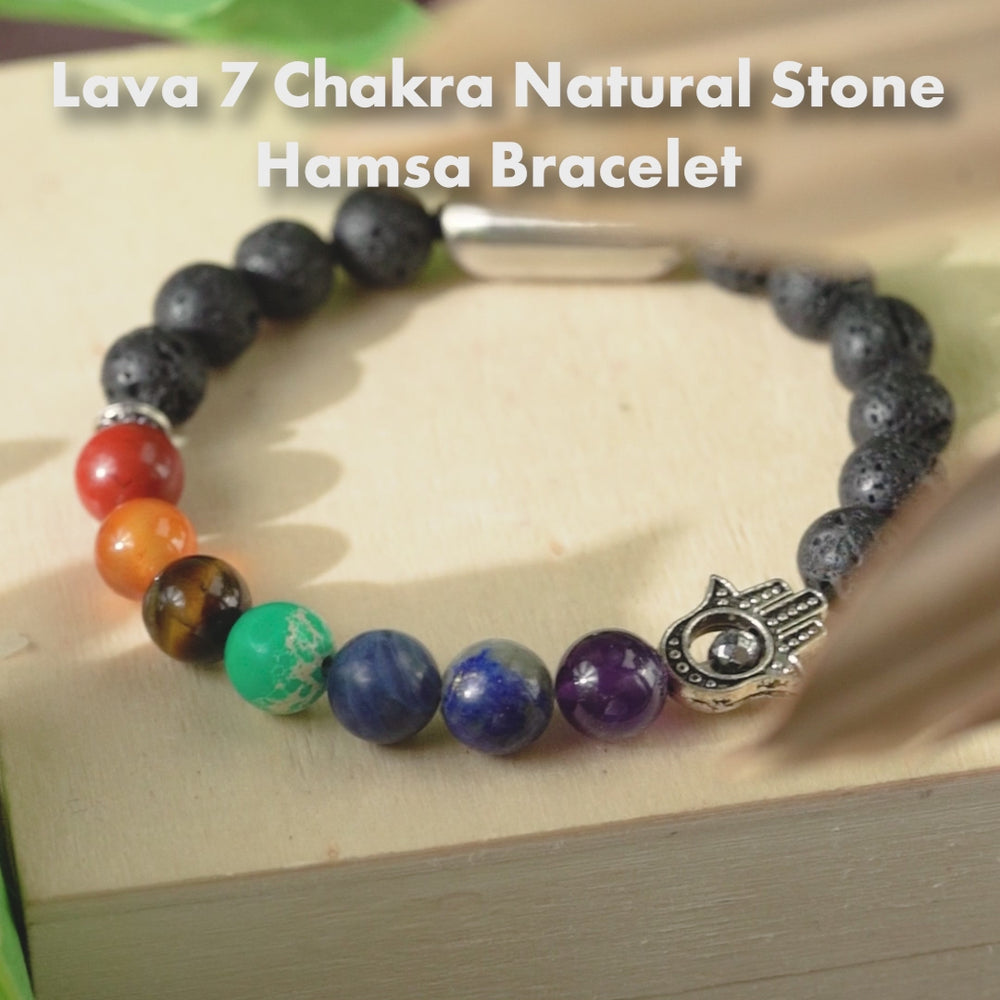 Lava 7 Chakra Natural Stone Hamsa Bracelet with MagSnap by Mesmeirze