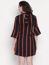 Blue-Ochre Striped Dress with Princess Panel