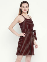 Brown Striped Camisole Dress with Waist Tie Up