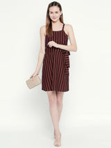 Brown Striped Camisole Dress with Waist Tie Up