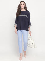Blue Rayon Embroidered Top