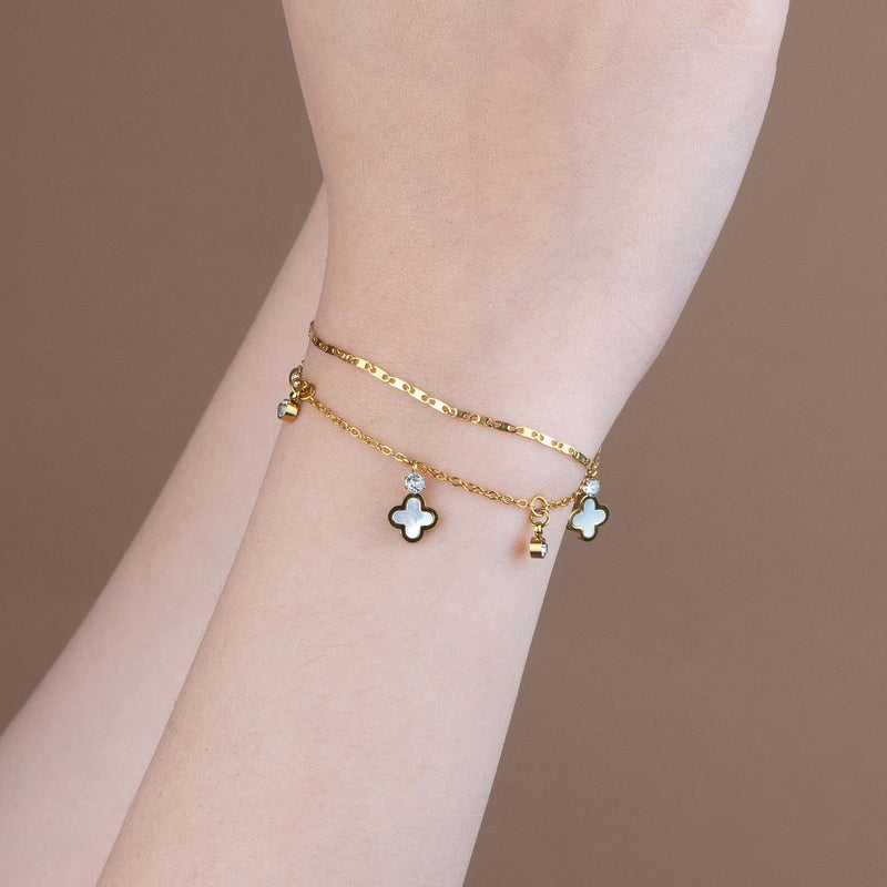 Gold mother of Pearl clover layered bracelet