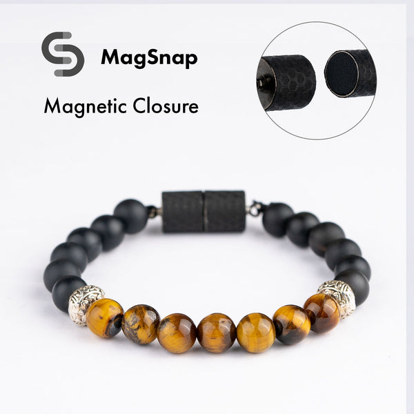Onyx Silver Tiger Eye Natural Stone Bracelet with MagSnap