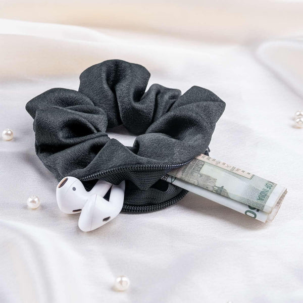 Smoky Grey Secret Pocket Matte Satin Scrunchie