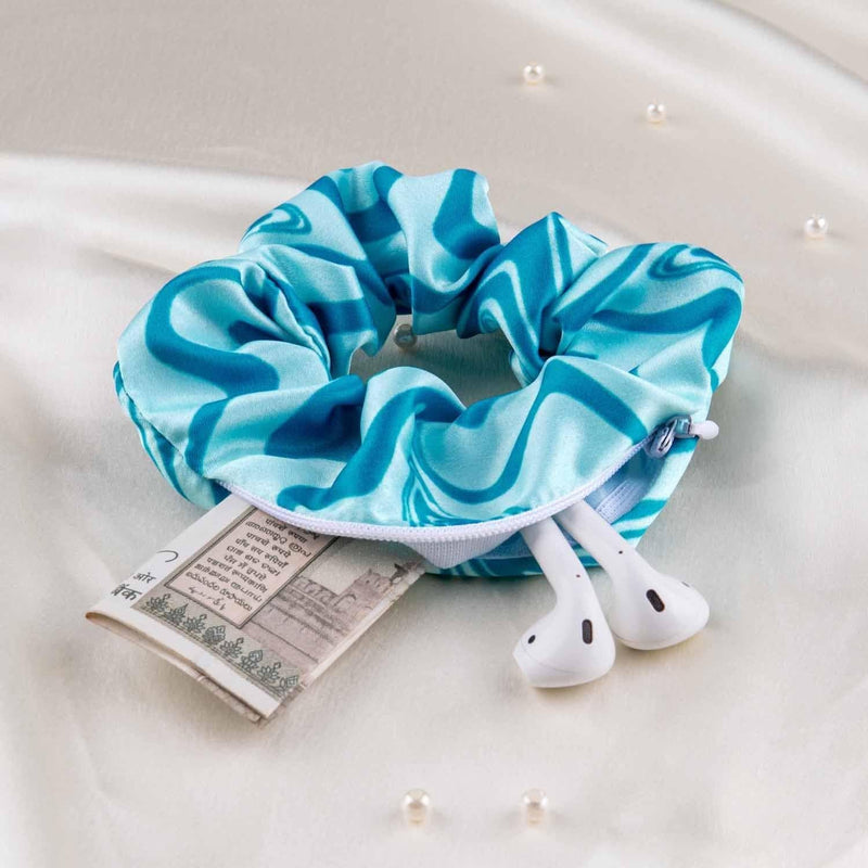 Blue Splash Secret Pocket Satin Scrunchie