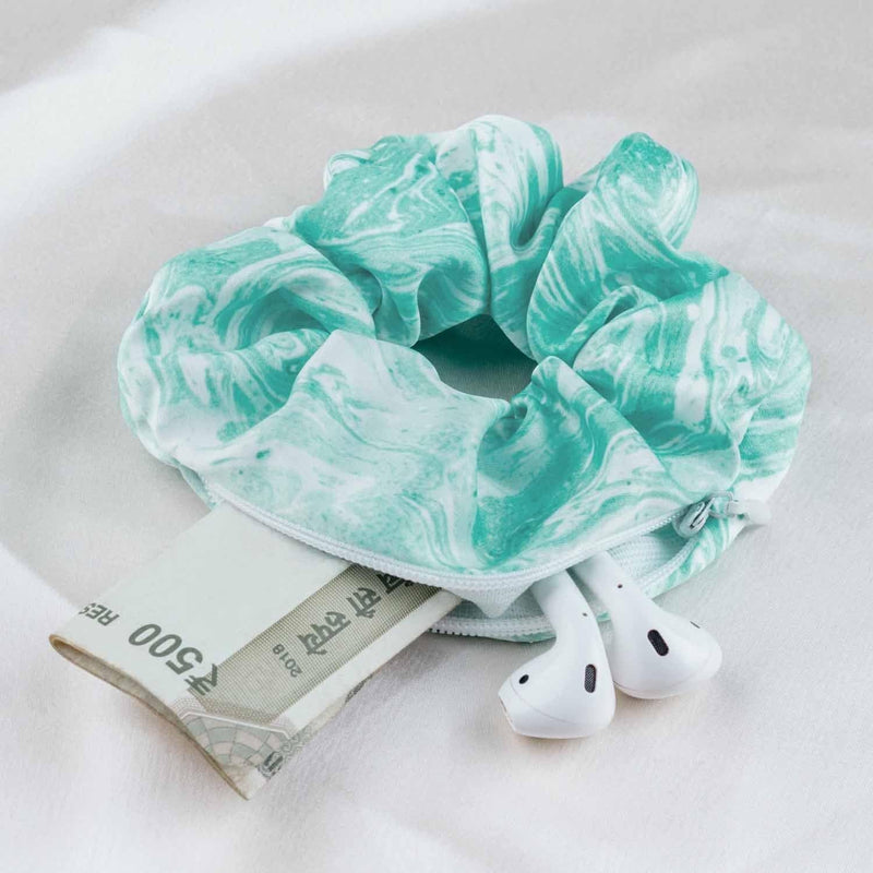 Misty Jade Secret Pocket Satin Scrunchie