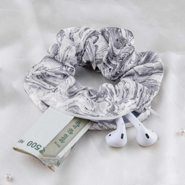 Stone Grey Secret Pocket Satin Scrunchie